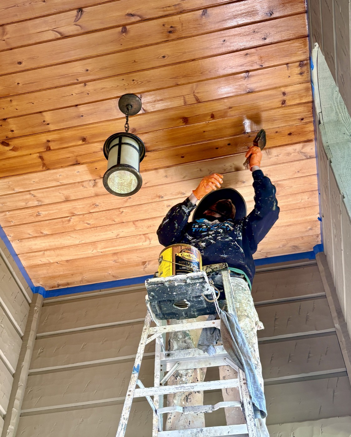 Staining a tongue-and-groove porch ceiling